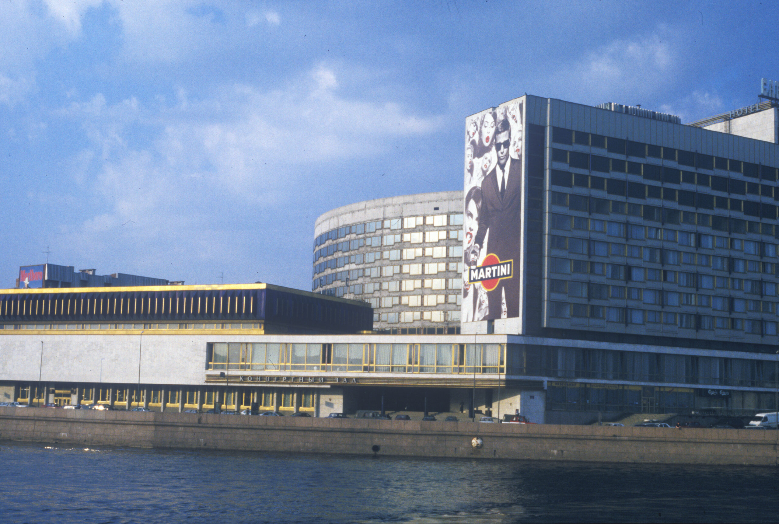 building on river bank